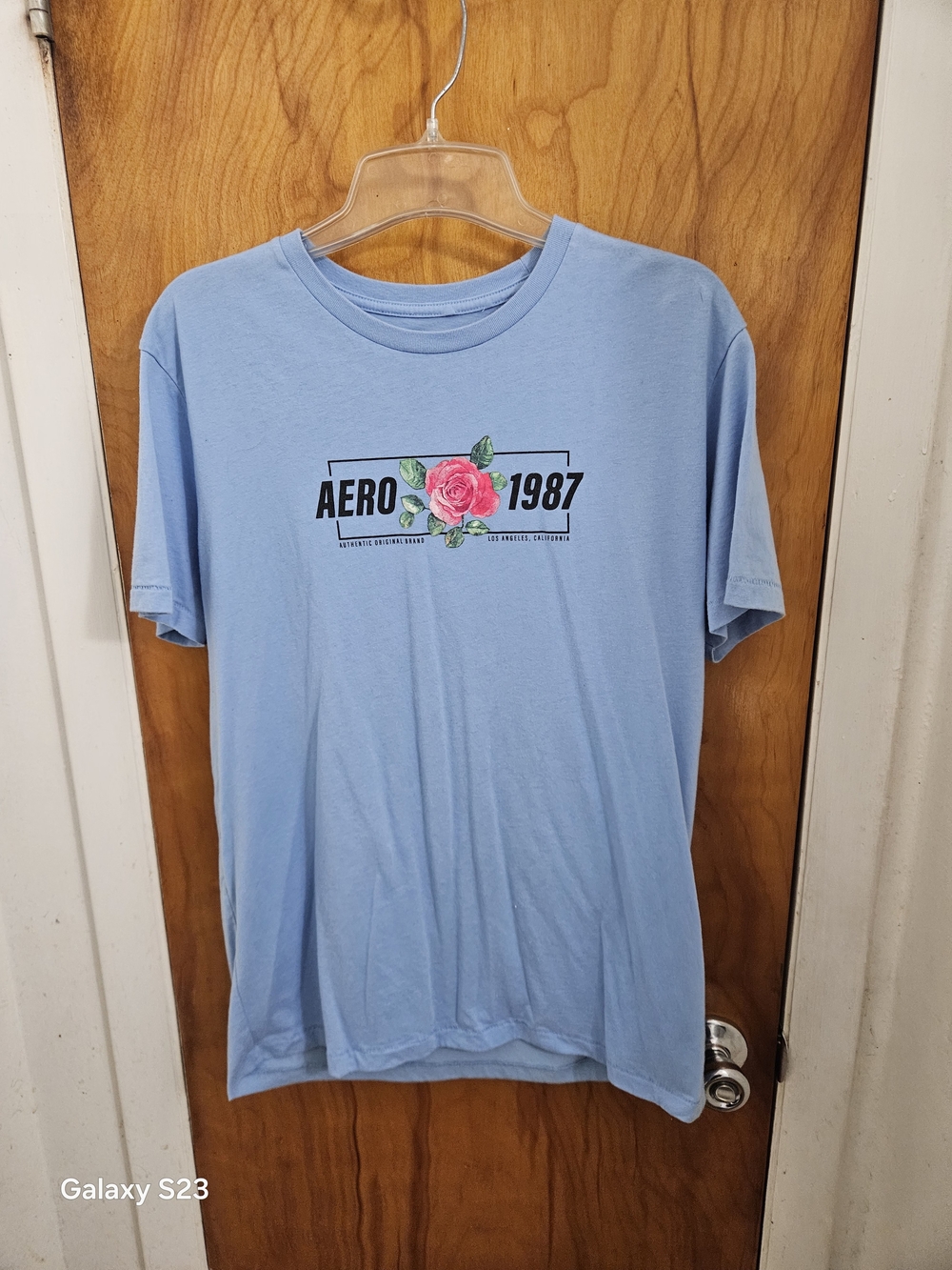 Aeropostale Light Blue Graphic Tee with Pink Rose